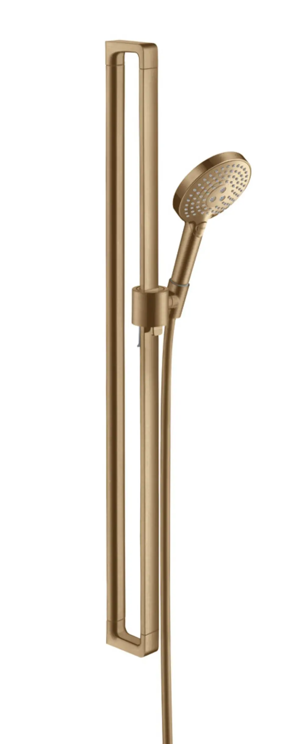 Handbrause mit schlankem Design in gebürstetem Bronze-Finish, angebracht an einer vertikalen Halterung, gefertigt von AXOR.